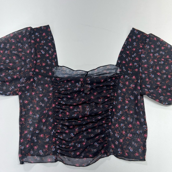 Topshop Ruched Ditsy Floral Mesh Crop Top Black Multi US Size 8 Medium - Picture 5 of 9